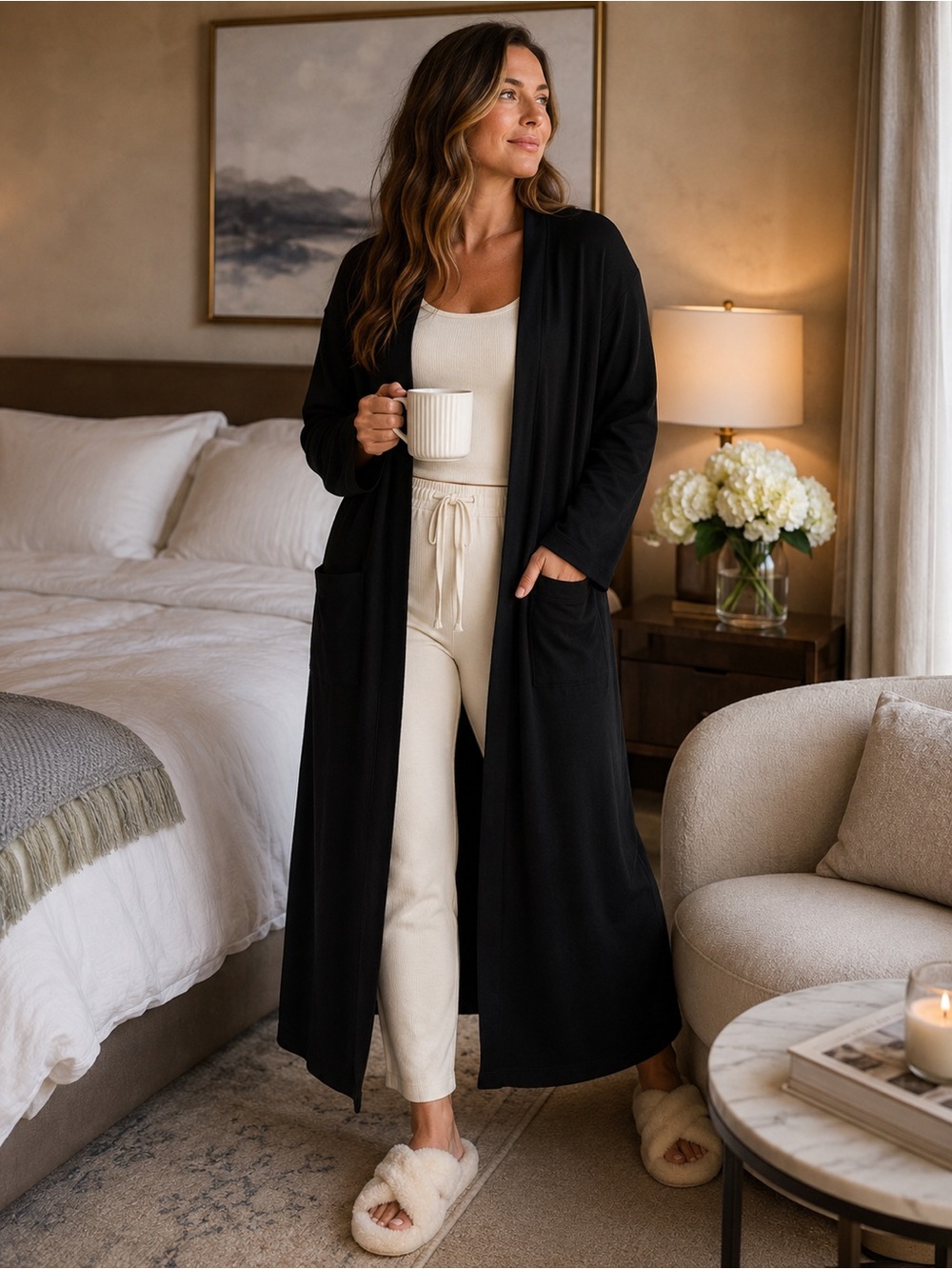 Soft & Cozy Bamboo Duster Cardigan 1X Black Long Lounge Robe Pockets